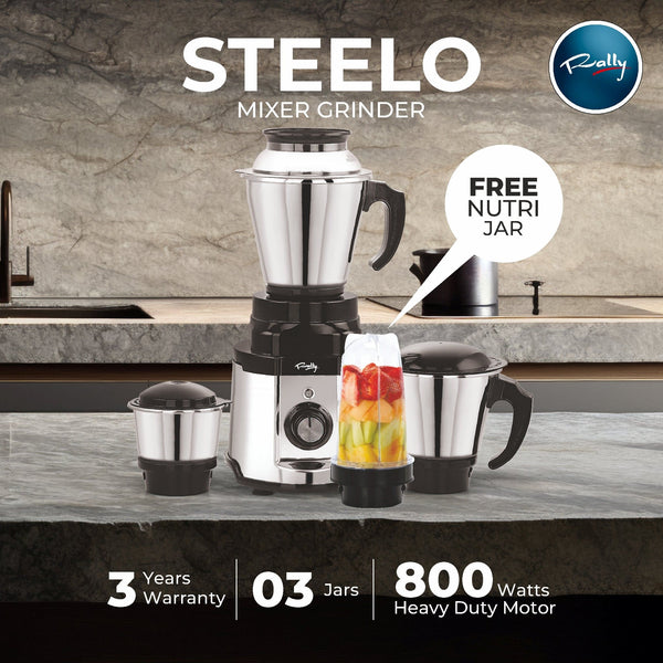 Rally Steelo Mixer Grinder 800W with 3 Stainless Steel Jars + 1 Nutri Jar (Free)