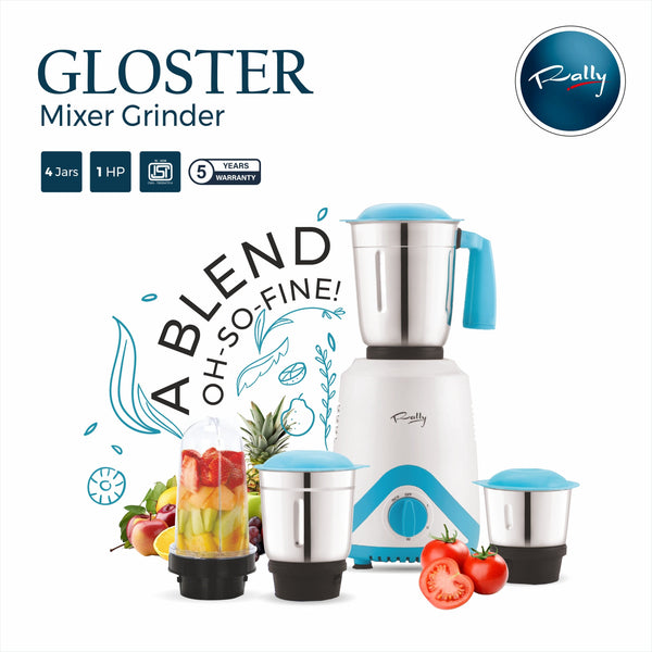 Rally Gloster Mixer Grinder 750W 1HP with 3 Stainless Steel Jars + 1 Fruit Jar