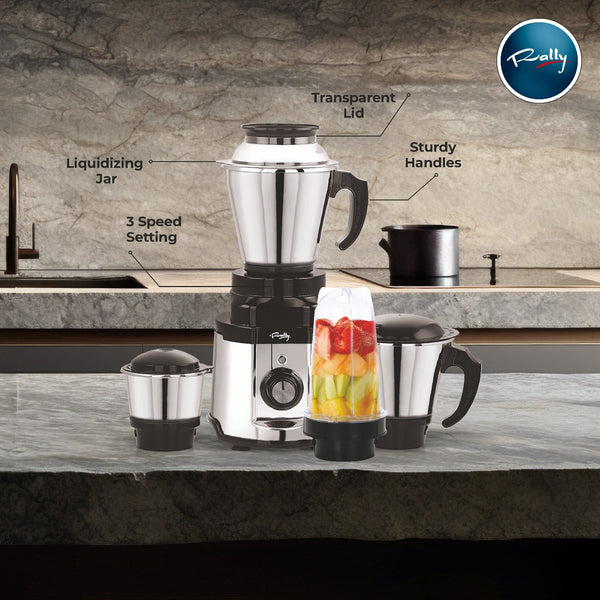 Rally Steelo Mixer Grinder 800W with 3 Stainless Steel Jars + 1 Nutri Jar (Free)